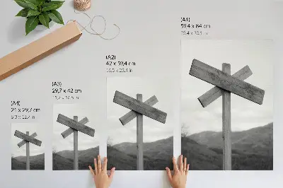 Póster de madera con paisaje montañoso en blanco y negro y colores saturados