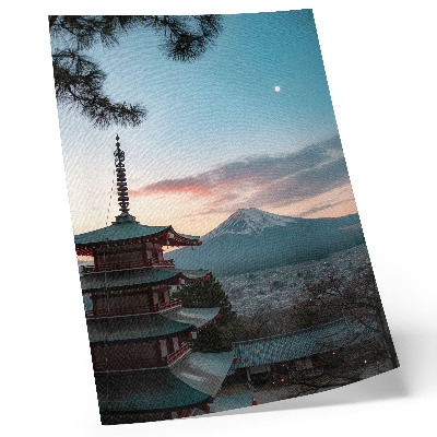 Lienzo decorativo moderno con diseño de pagoda y tonos montañosos en armonía con el cielo