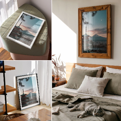 Lienzo decorativo moderno con diseño de pagoda y tonos montañosos en armonía con el cielo