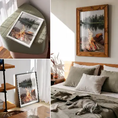 Lienzo decorativo moderno con paisaje de hoguera en un lago rodeado de bosque y piedras