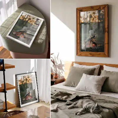 Lienzo decorativo moderno hoguera con bosque y humo