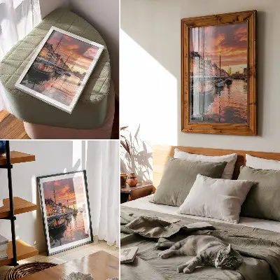 Lámina artística de alta calidad edificios de apartamentos coloridos con reflejos en el agua bajo la calidez del cielo