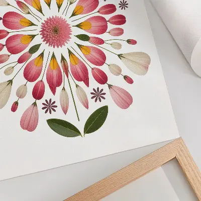 Lienzo decorativo moderno con diseño de mandala floral simétrico en tonos rosa, crema y verde