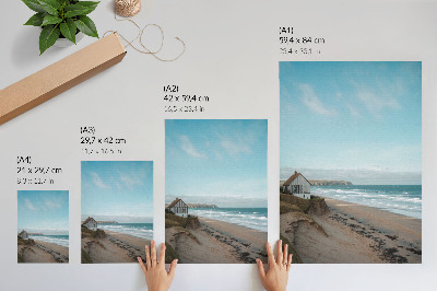 Póster Playa, olas, casa en un acantilado, colores pastel