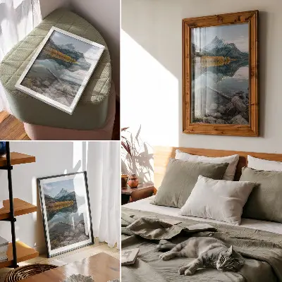 Lámina artística de paisaje natural con montañas lago y árboles reflejados en estilo sereno