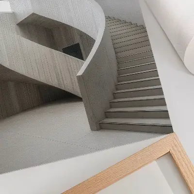 Lámina artística de alta calidad de una escalera de caracol moderna en un interior elegante