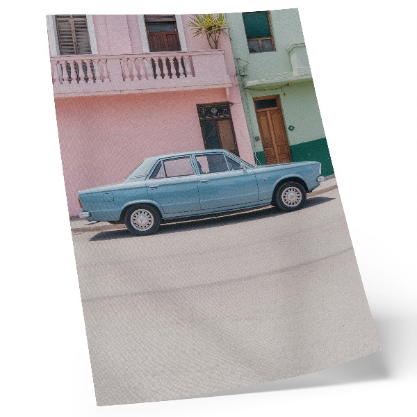 Póster Coches clásicos, edificios en tonos pastel, encanto retro.