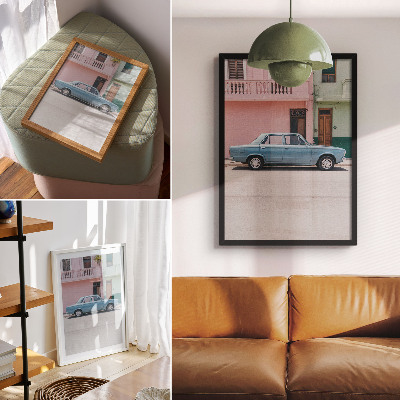 Póster Coches clásicos, edificios en tonos pastel, encanto retro.