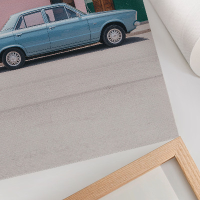 Póster Coches clásicos, edificios en tonos pastel, encanto retro.