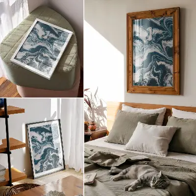 Lienzo decorativo moderno con diseño de manchas abstractas azules y blancas y líneas dinámicas