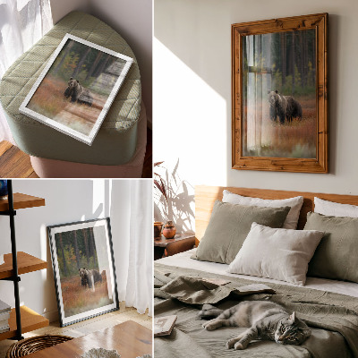 Lienzo decorativo moderno oso en el bosque otoñal que transmite naturalidad y paz