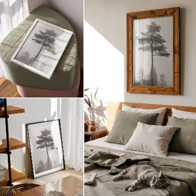 Póster árbol blanco y negro en la niebla con diseño de silencio