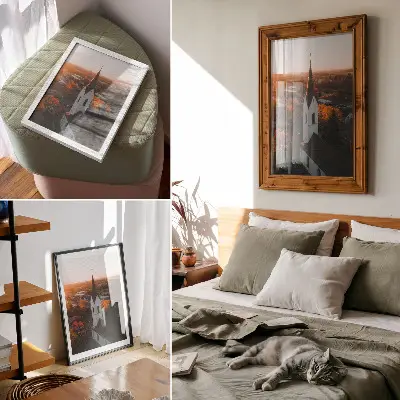 Lienzo decorativo moderno con diseño de paisaje urbano en clima otoñal al atardecer y armonía
