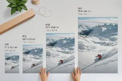 Póster de esquiador en acción con colores saturados en montañas blancas y cielo azul