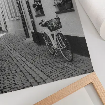 Póster calle con edificios de apartamentos, flores y bicicleta en blanco y negro