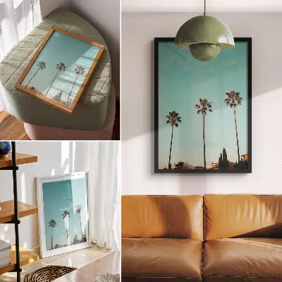 Lámina artística de alta calidad con palmeras diseño con fondo azul de estilo exótico