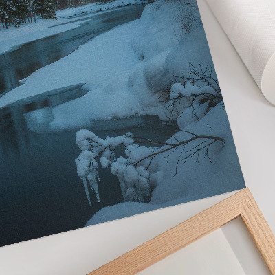 Póster con colores saturados Paisaje invernal, río, árboles, estrellas