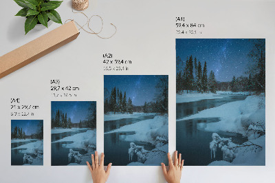 Póster con colores saturados Paisaje invernal, río, árboles, estrellas