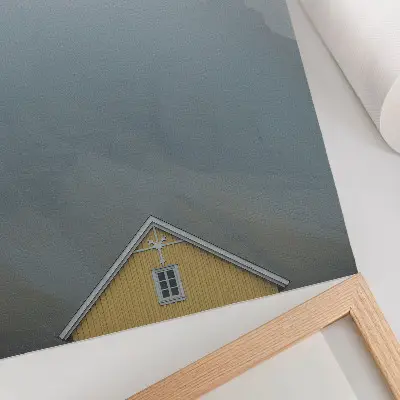 Lienzo decorativo moderno casa amarilla entre niebla y montañas con ambiente tranquilo
