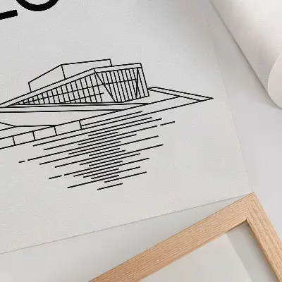 Póster de arquitectura moderna con diseño en contraste blanco y negro