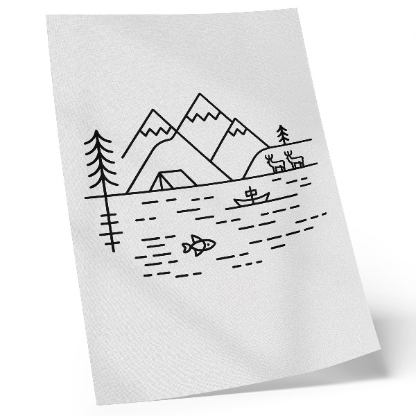 Lámina artística de alta calidad Montañas de líneas minimalistas, lago y animales