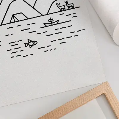 Lámina artística de alta calidad montañas con líneas minimalistas, lago y animales