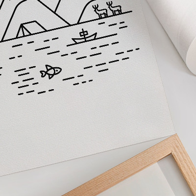 Lámina artística de alta calidad Montañas de líneas minimalistas, lago y animales