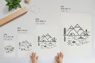 Lámina artística de alta calidad montañas con líneas minimalistas, lago y animales