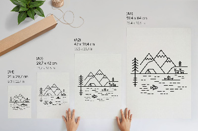 Lámina artística de alta calidad Montañas de líneas minimalistas, lago y animales
