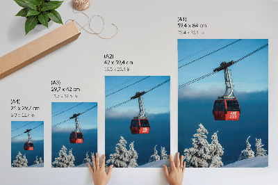 Póster con colores saturados Paisaje invernal, góndola roja, árboles blancos