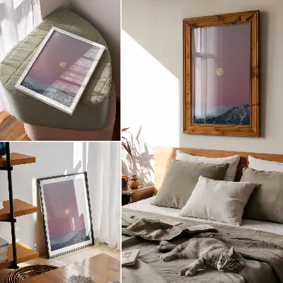 Lienzo decorativo moderno con diseño de montañas, atardecer y luna en cielo pastel