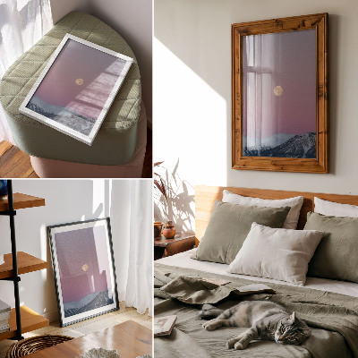 Lienzo decorativo moderno Montañas, atardecer, luna, cielo pastel