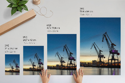 Póster Grúas con el telón de fondo de un paisaje de puesta de sol dinámico.