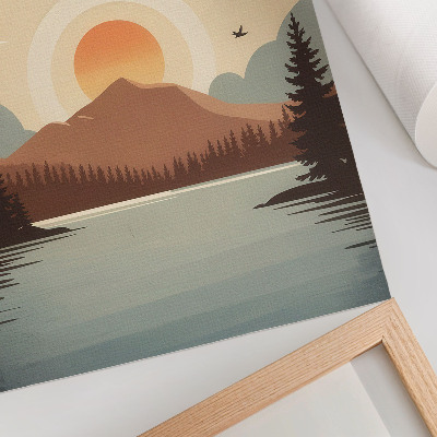Póster con colores saturados Paisaje lago montaña puesta de sol árboles turquesa beige