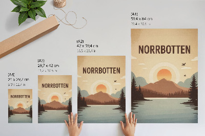 Póster con colores saturados Paisaje lago montaña puesta de sol árboles turquesa beige