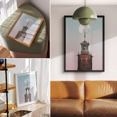 Póster torre luna con fondo en tonos pastel