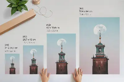 Póster torre luna con fondo en tonos pastel