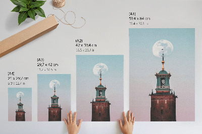 Póster Torre luna fondo pastel calma