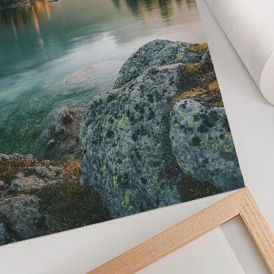 Póster Montañas, lago, isla, mañana con niebla