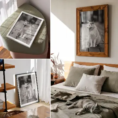 Póster de gato adorable en una calle empedrada con estética en blanco y negro