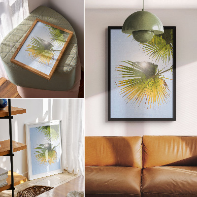 Póster Hojas de palmera sobre fondo azul luz del sol