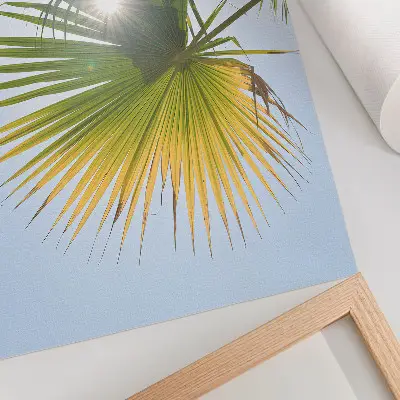 Póster hojas de palmera sobre fondo azul con luz del sol