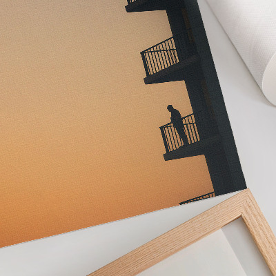 Póster con colores saturados Puesta de sol, silueta de un edificio, paz
