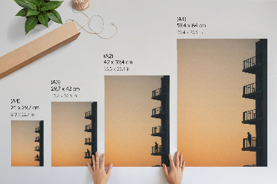 Póster con colores saturados Puesta de sol, silueta de un edificio, paz