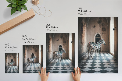 Póster Cebra con la arquitectura de fondo y pájaros en vuelo.