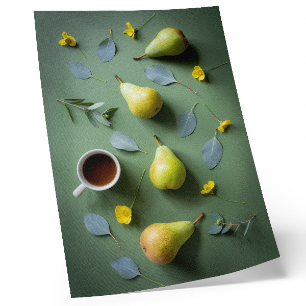 Lámina artística de alta calidad con diseño de té, peras, flores y hojas sobre fondo verde