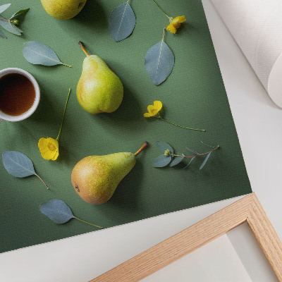 Lámina artística de alta calidad con diseño de té, peras, flores y hojas sobre fondo verde