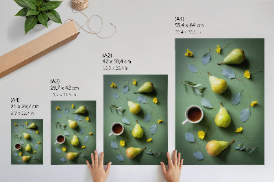 Lámina artística de alta calidad con diseño de té, peras, flores y hojas sobre fondo verde