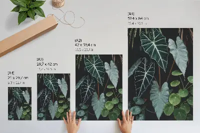 Póster de hojas verdes con contraste sobre fondo oscuro moderno