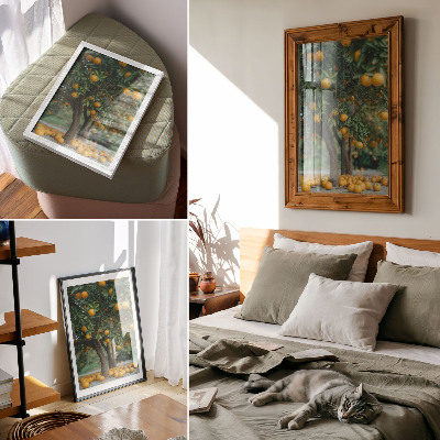 Lienzo decorativo moderno Jugosas naranjas en un árbol en un huerto verde.